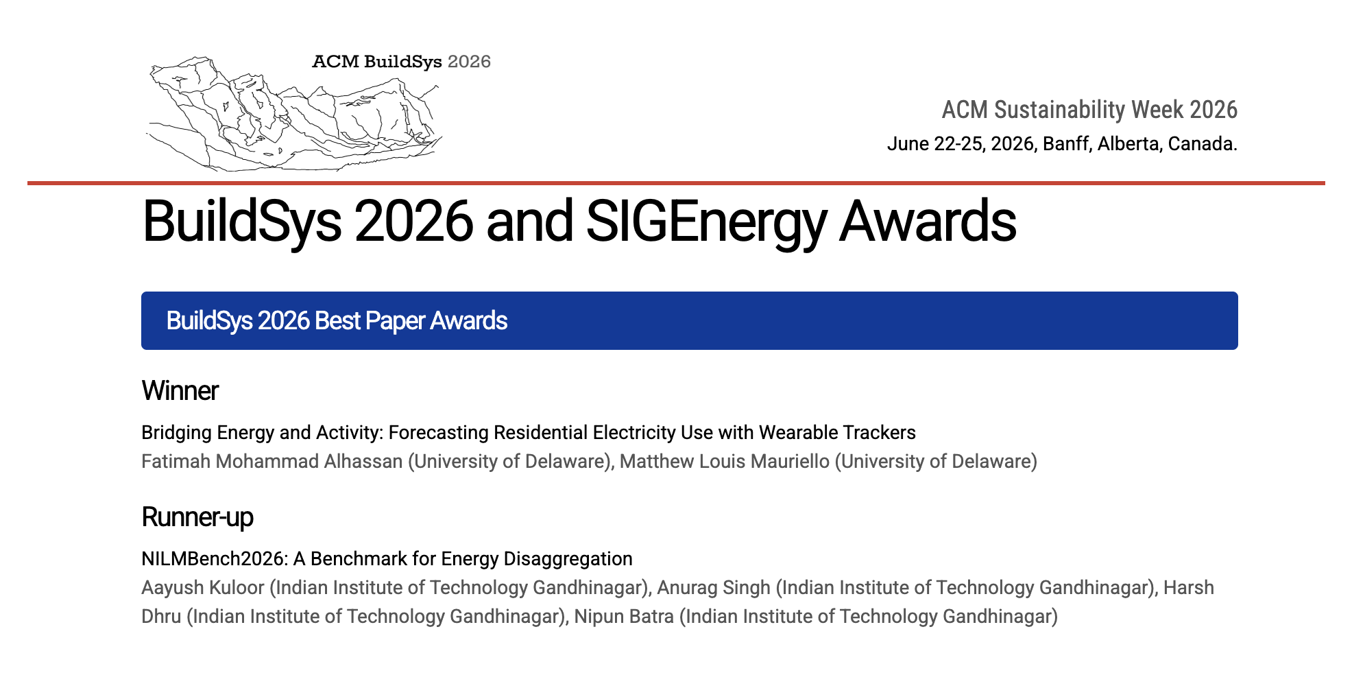 ACM BuildSys 2026 Best Paper Awards announcement