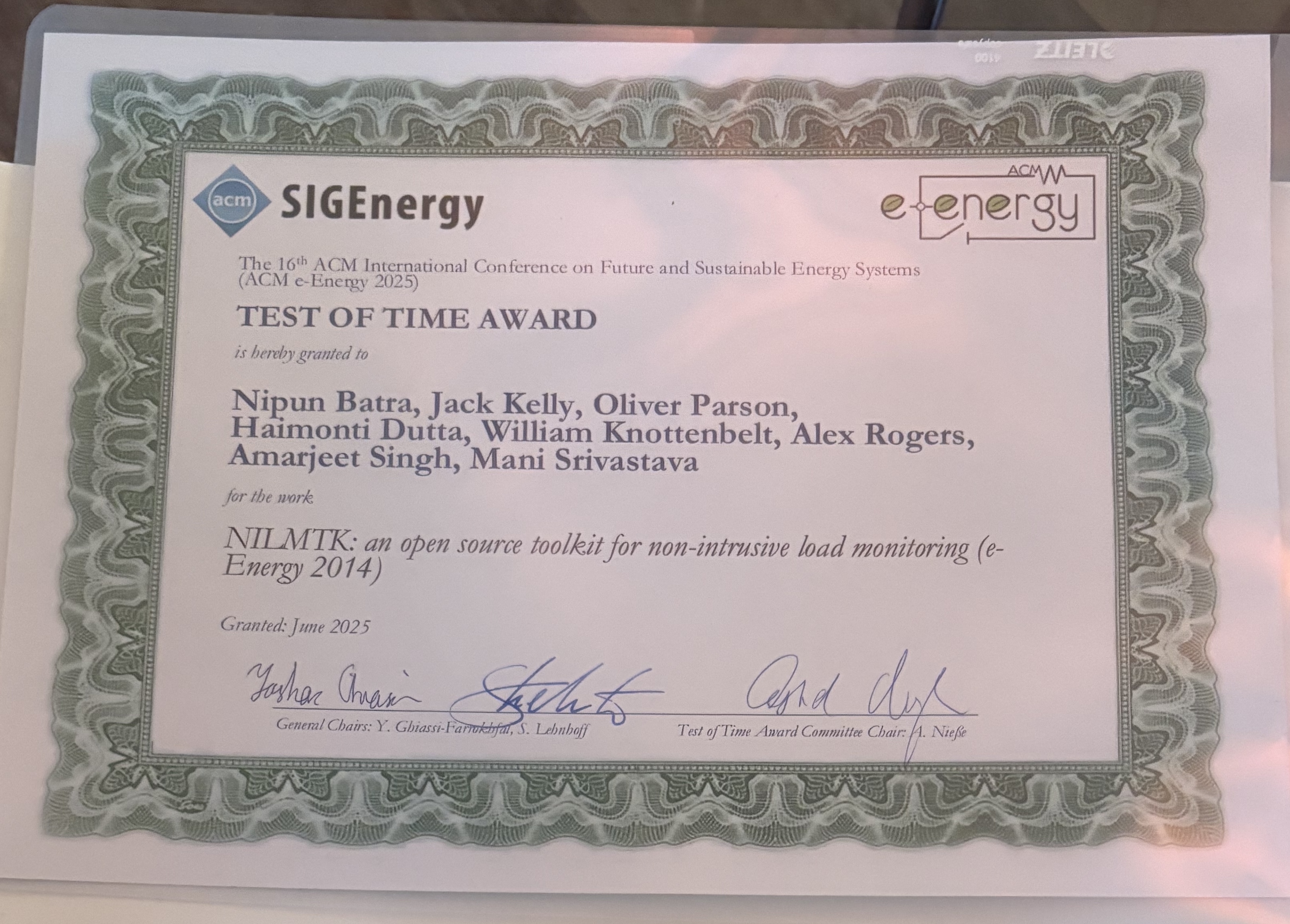 Test of Time Award Certificate
