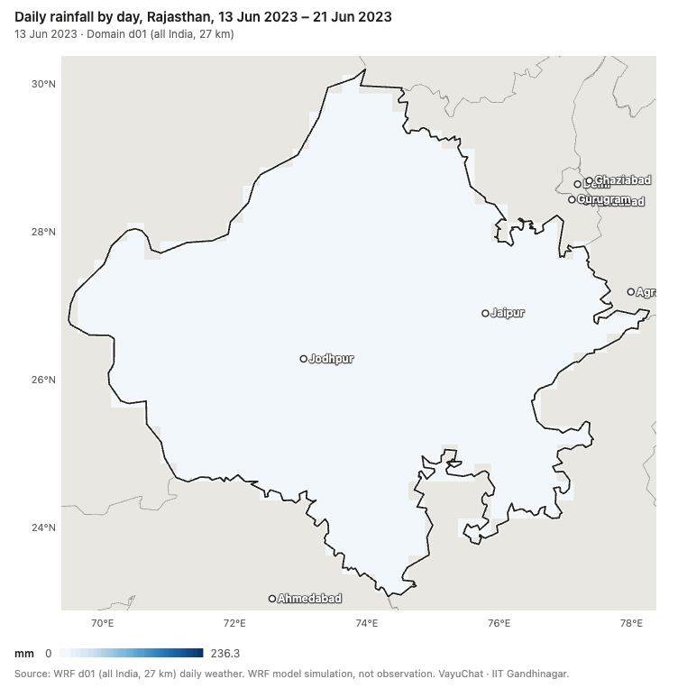 Animated GIF exported from VayuChat: daily rainfall over Rajasthan from 13 to 21 June 2023 as the remnants of Cyclone Biparjoy crossed it