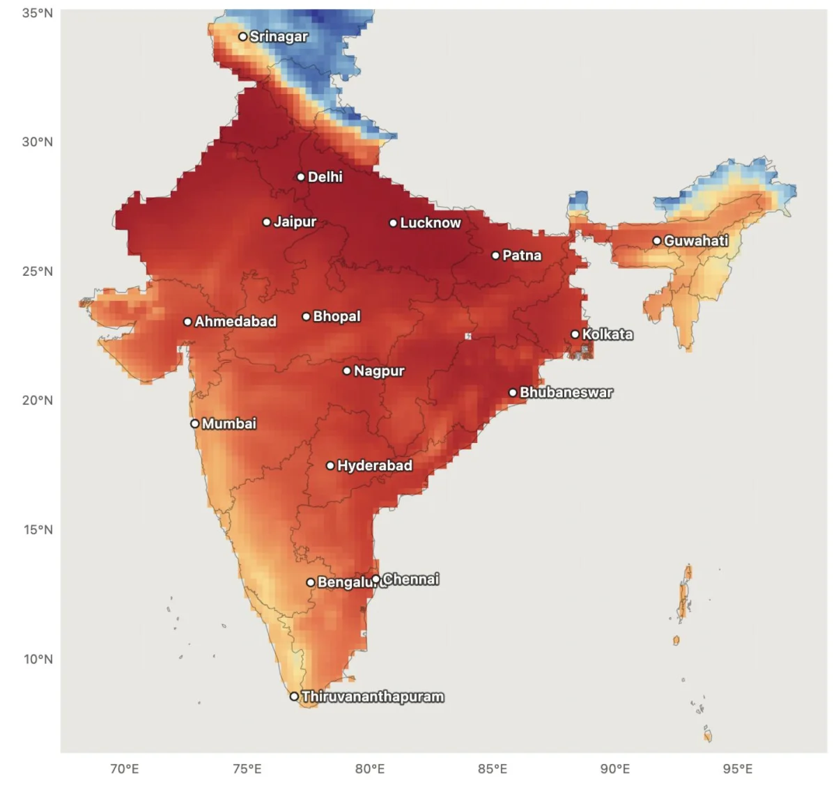 WRF map of mean daily maximum temperature over India for 25–31 May 2024, with a value in every 0.25 degree grid cell