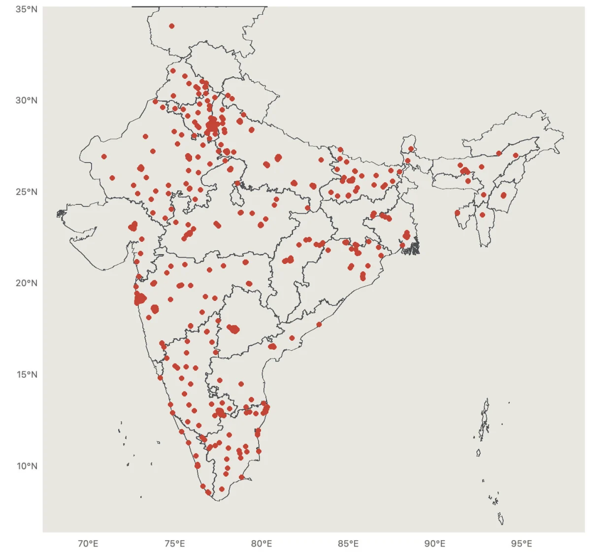 Map of India with the 535 CPCB air-quality monitoring stations VayuChat answers from, clustered around cities